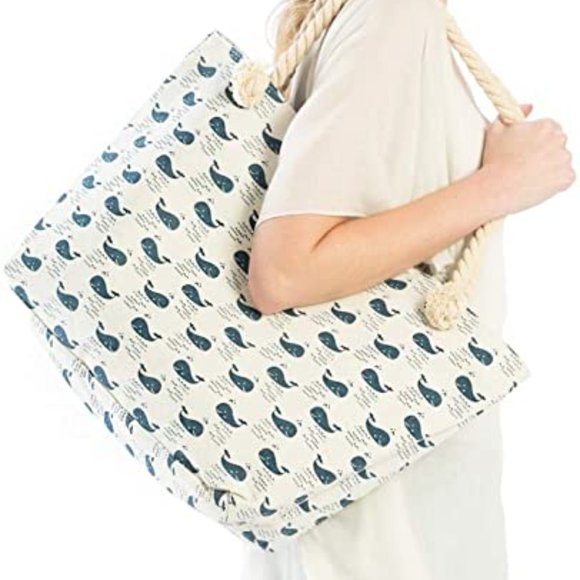 Navy Whale Canvas Tote Beach Bag - Picture 6 of 7